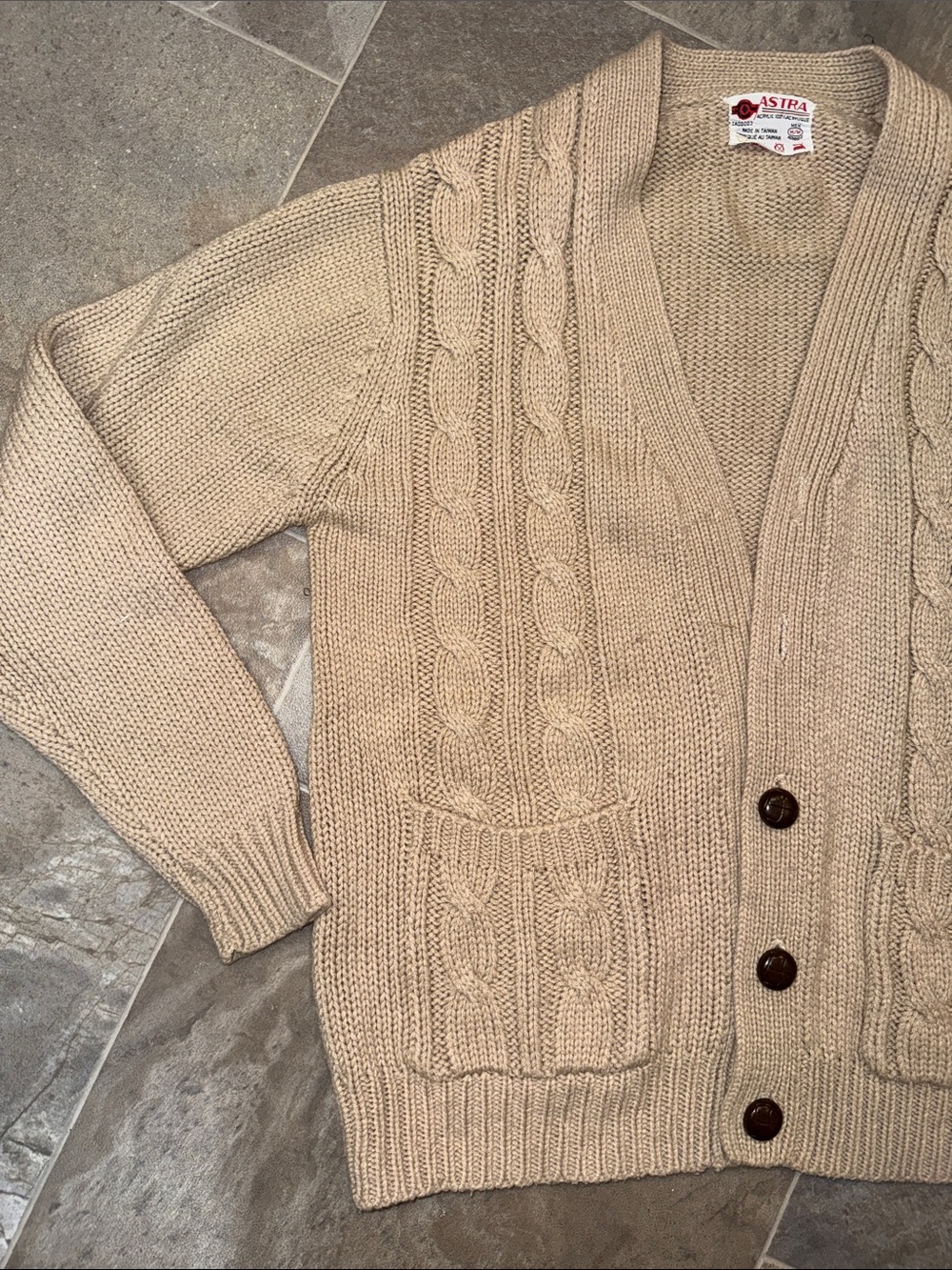 Astra Vintage1960-70s Classic Cable-Knit Cardigan Sweater - Cream with pockets